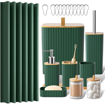 Bathroom Accessories Set - 22PCS Bathroom Set with Shower Curtain, Trash Can, Toilet Brush Holder Set & Soap Dispenser – Stylish & Functional Bath Decor for Home, Apartment, Green