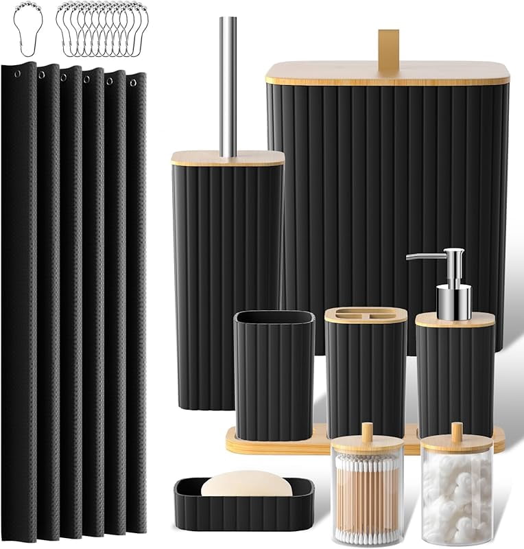 Bathroom Accessories Set - 22PCS Black Bathroom Set with Shower Curtain ...