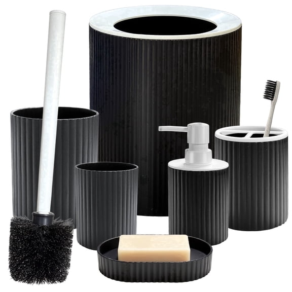 Bathroom Set - 6PCS Black Bathroom Accessories Set,Toilet Brush, Trash Can & Soap Dispenser