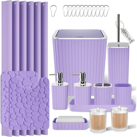 Bathroom Accessories Set - 25PC Bathroom Sets with Shower Curtain and Rugs, Purple Bathroom Accessories with Trash Can, Soap Dispenser, Soap Dish & Toilet Brush
