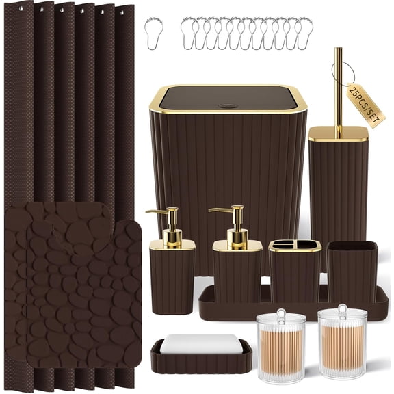Bathroom Accessories Set - 25PC Brown Bathroom Sets with Shower Curtain and Rugs, Bathroom Accessory Set, Brown Shower Curtain Set, Trash Can, Qtip Holder Dispenser & Soap Dispenser