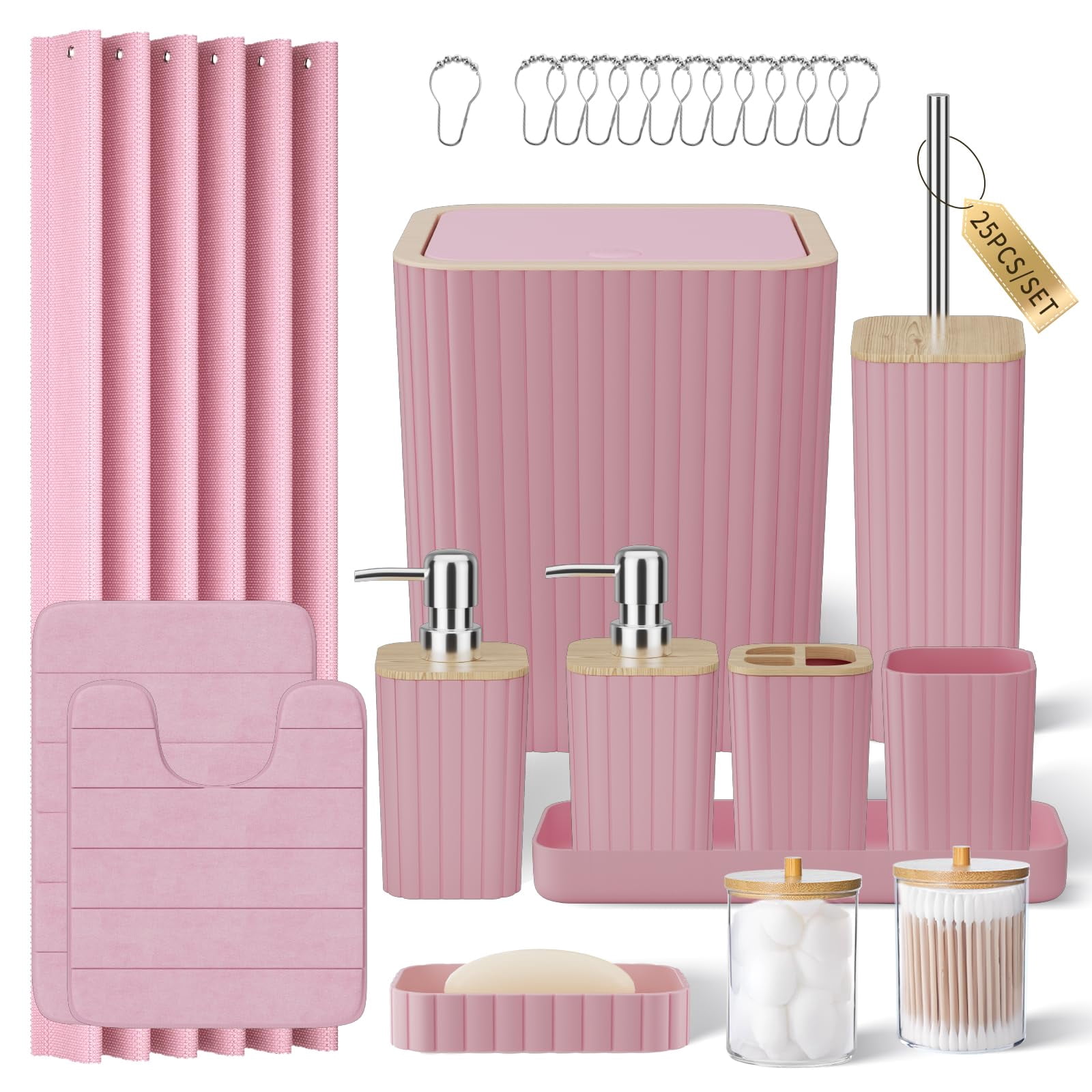 Bathroom Accessories Set - 25pc Pink With Shower Curtain And Rugs ...