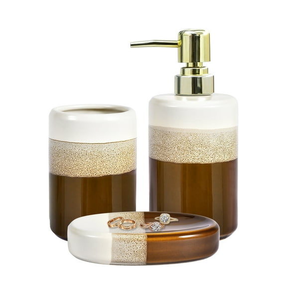 Bathroom Accessories Set of 3, Natural Reactive Glaze Ceramic Bathroom Sets Complete-Toothbrush Holders, Soap Dispenser, Soap Dish, Luxury Bathroom Decor, Bathroom Countertop Organizer, Brown Gold