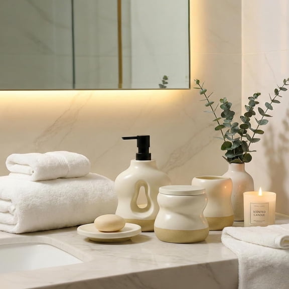 Bathroom Accessories Set of 4 - Beige Bathroom Countet Soap Set Bathroom Decor Bathroom Lotion Soap Dispenser Sets Toothbrush Holder, Soap Dish, Apothecary Jar (Beige with Sand Base)