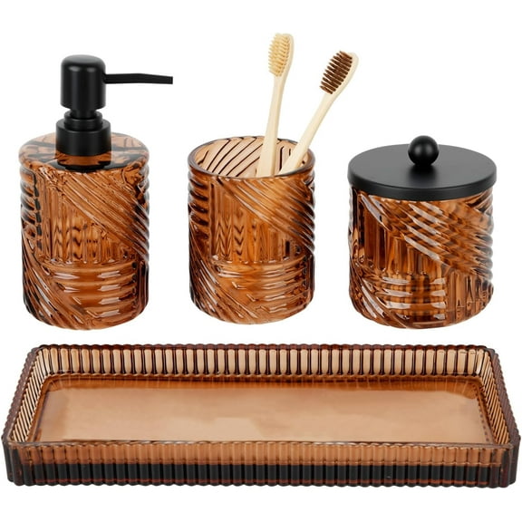 Bathroom Accessories Set,4 Pcs Amber Glass Bathroom Accessories Sets Complete with Lotion Soap Dispenser,Toothbrush Holder,Qtip Holder Dispenser and Vanity Tray,Bathroom Countertop Vanity Organizer