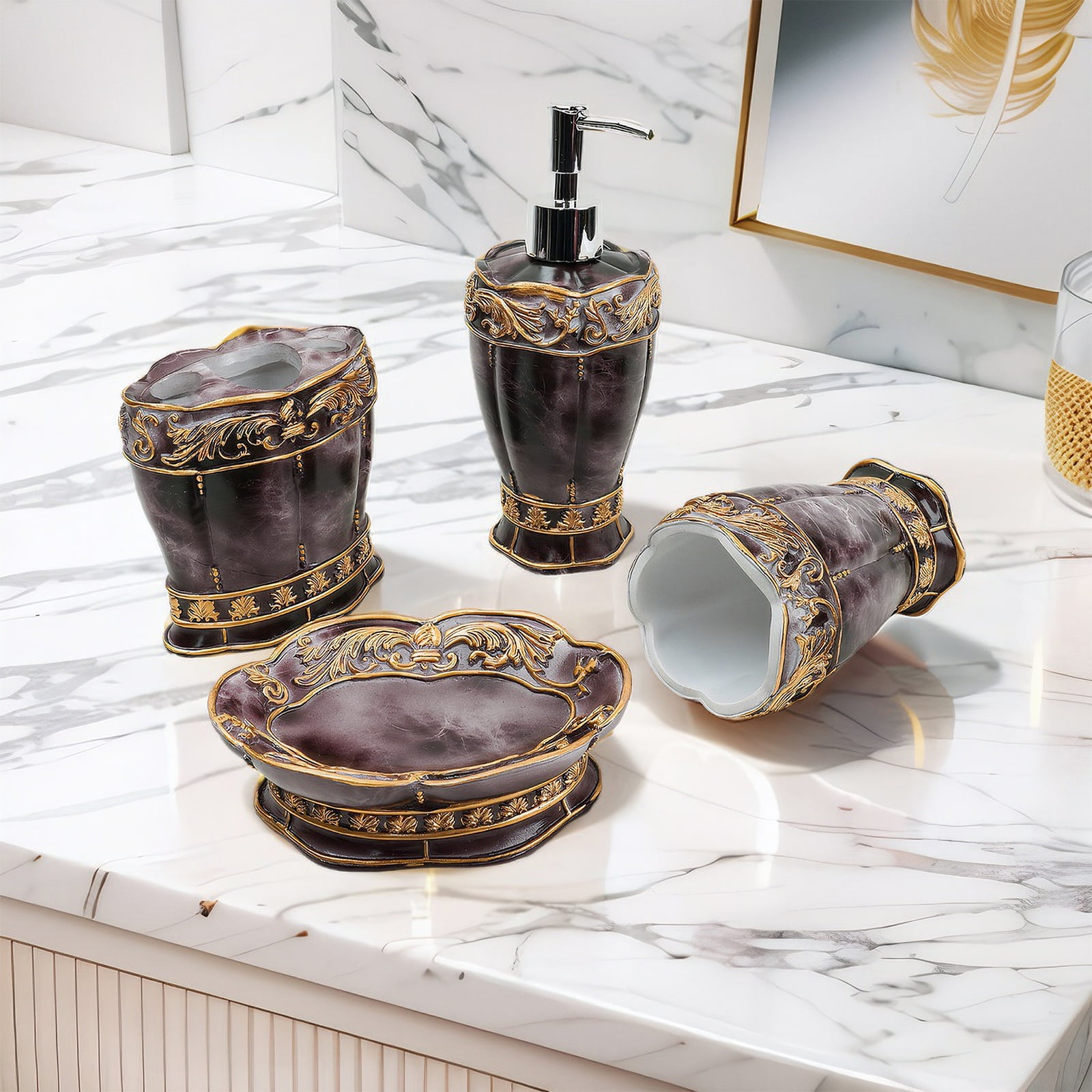 STAROAD 4-Piece Resin Bathroom Accessories Sets, Black Gold - Walmart.com