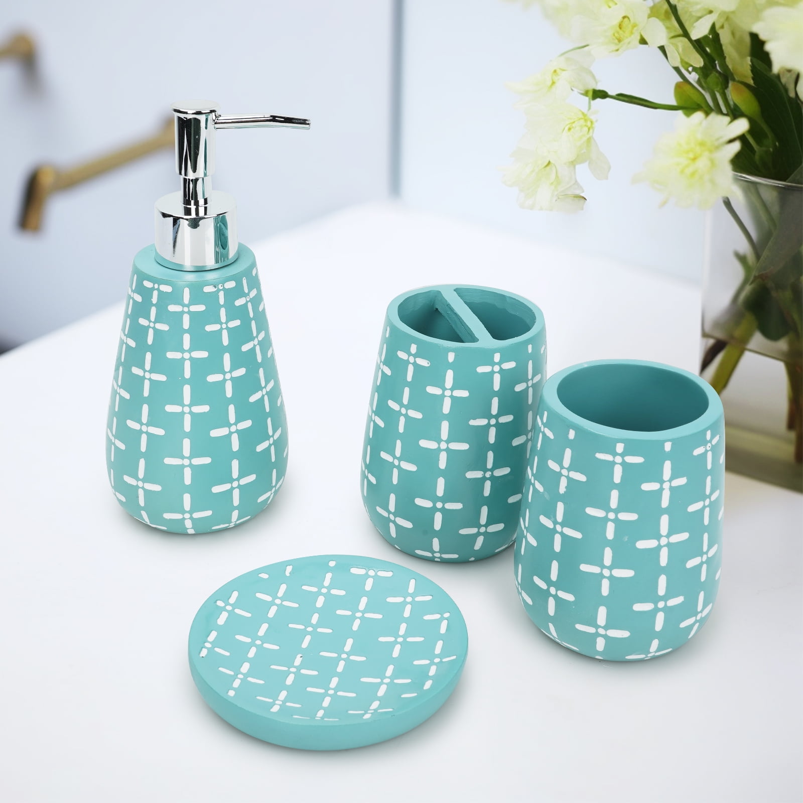 Bathroom Accessories Set, 4 Pcs Bathroom Sets with Ceramic Soap Dispenser Pump, Tumbler ...