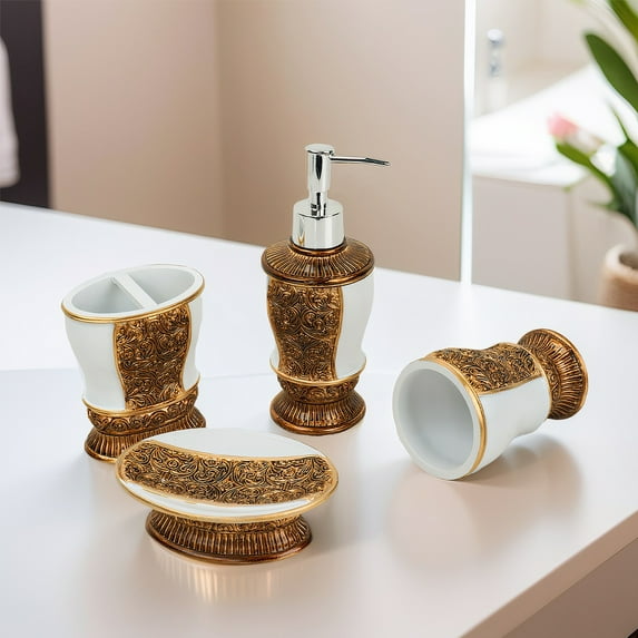 STAROAD 4-Piece Resin Bathroom Accessories Sets, White Gold