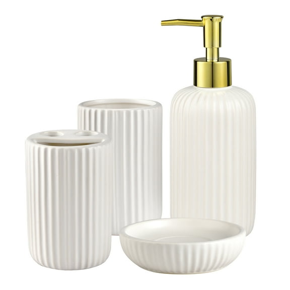 Bathroom Accessories Set, 4 Pcs White Bathroom Accessory Set, Soap Dispenser, Toothbrush Holder, Tumbler and Soap Bar Dish