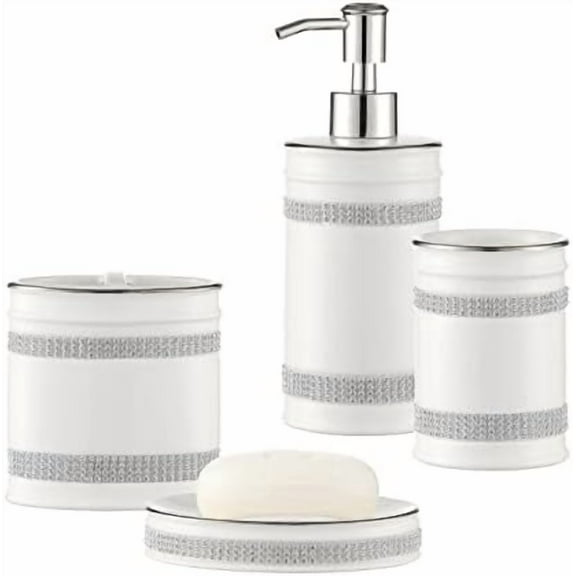 Bathroom Accessories Set, 4-Piece Ceramic Bath Accessory Complete Set with Lotion Dispenser/Soap Pump, Tumbler, Soap Dish and Toothbrush Holder (Rhinestones, White)$$Home Decor, Kitchen, & Other