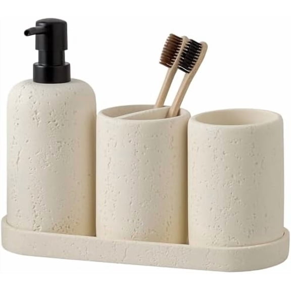 Bathroom Accessories Set, 4 Piece Travertine Stone Look Collection, Modern Bath Organizer with Soap Dispenser, Toothbrush Holder, Tumbler, Vanity Tray for Countertop Kitchen Sink (Off White)
