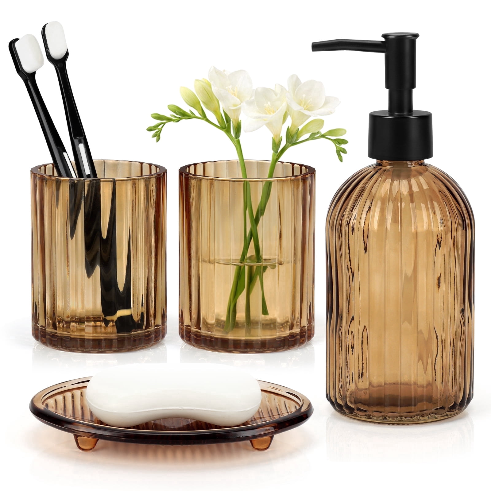 Bathroom Accessories Set, 4Pcs Bathroom Glass Soap Dispenser Set ,with Soap Dispenser , Soap Dish, Tumbler,Brown