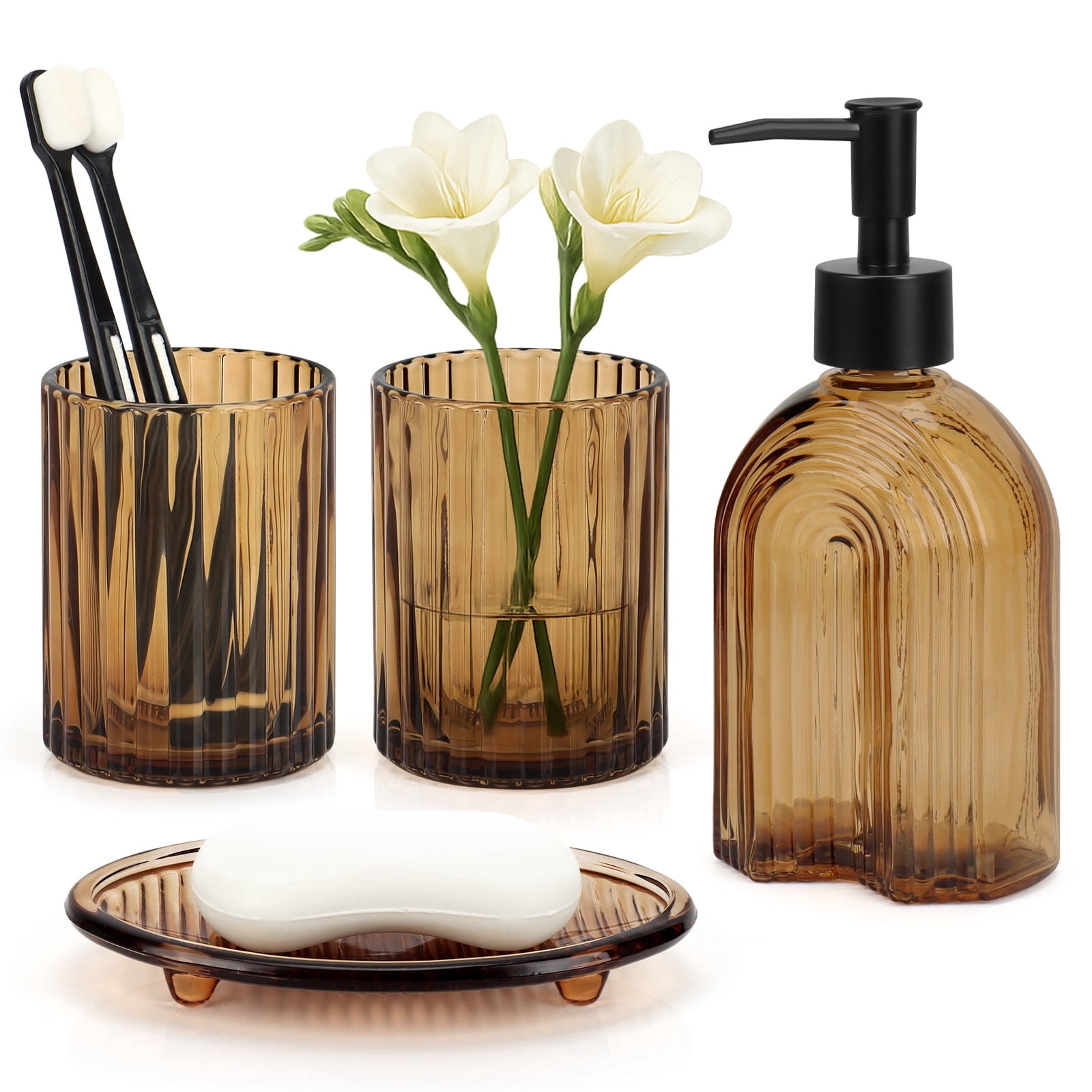 Bathroom Accessories Set, 4Pcs Bathroom Glass Soap Dispenser Set ,with Soap Dispenser , Soap Dish, Tumbler,Brown
