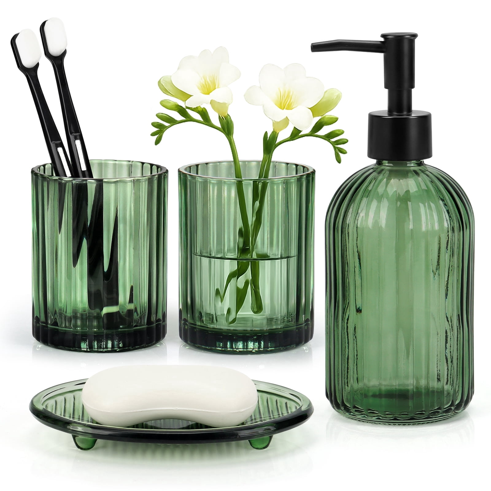 Bathroom Accessories Set, 4Pcs Bathroom Glass Soap Dispenser Set ,with Soap Dispenser , Soap Dish, Tumbler,Green