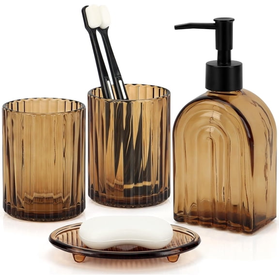 Bathroom Accessories Set, 4Pcs Glass Bathroom Accessories Sets Complete Lotion Soap Dispenser, Toothbrush Holder