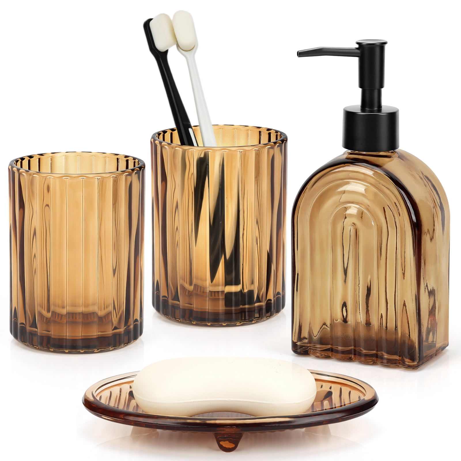 Bathroom Accessories Set, 4Pcs Kitchen Glass Soap Dispenser Set ,with Soap Dispenser , Soap Dish, Tumbler, for Bathroom Vanity Decor,Brown