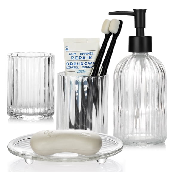 Bathroom Accessories Set, 4Pcs Kitchen Glass Soap Dispenser Set ,with Soap Dispenser , Soap Dish, Tumbler, for Bathroom Vanity Decor,Clear