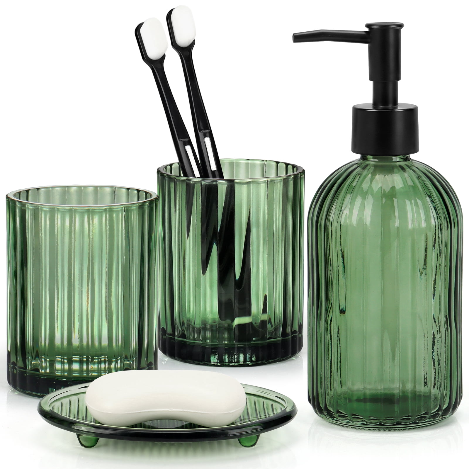 Bathroom Accessories Set, 4Pcs Kitchen Glass Soap Dispenser Set ,with Soap Dispenser , Soap Dish, Tumbler, for Bathroom Vanity Decor,Green