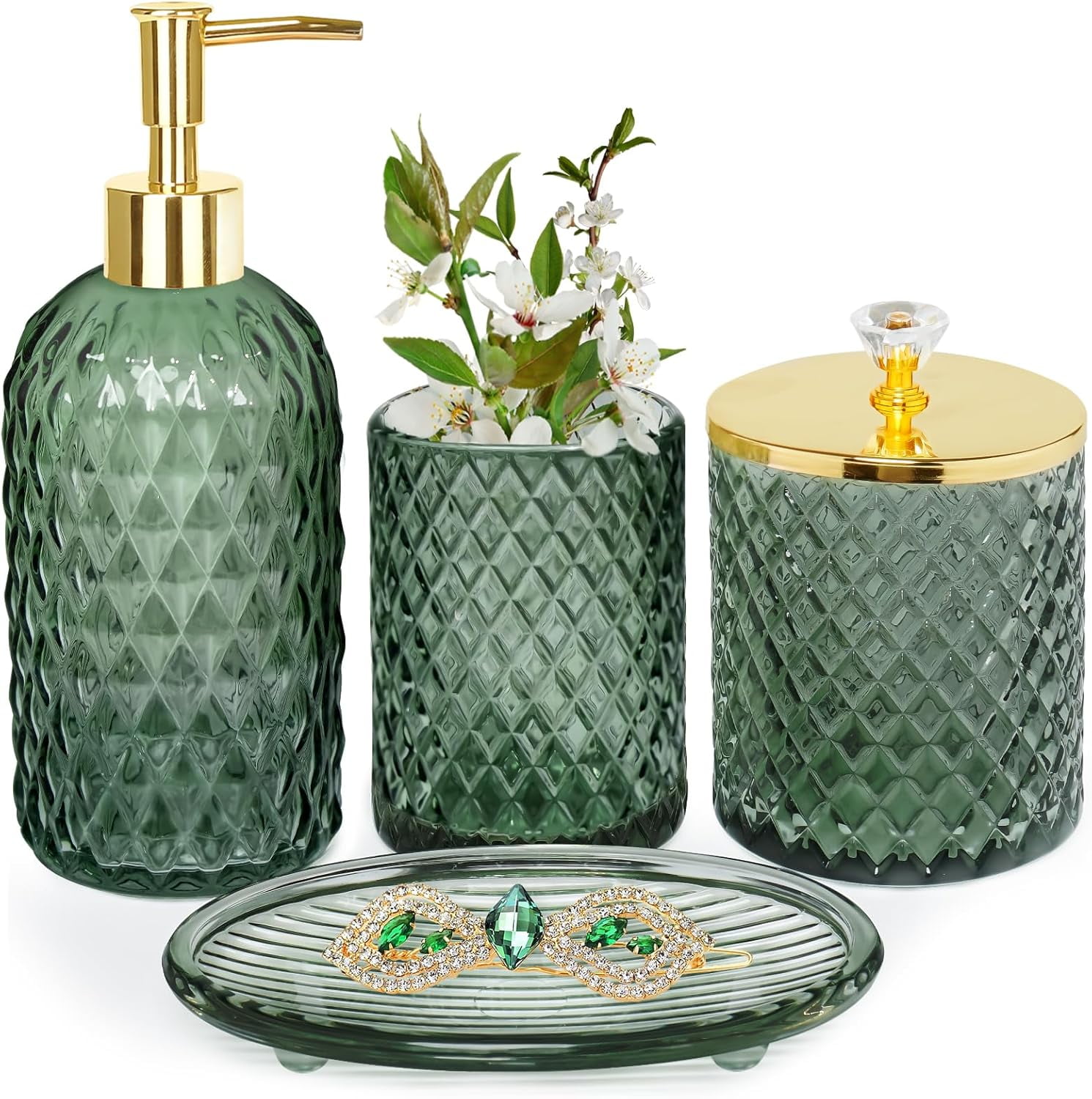 Bathroom Accessories Set, 4Pcs Sage Green Glass Bathroom Accessory Set ...