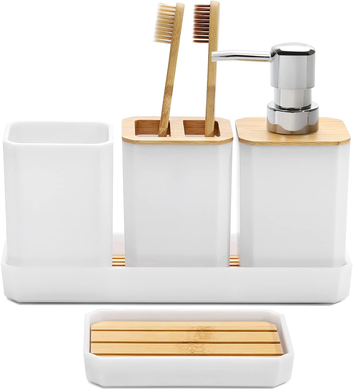 BlueMake Bathroom Accessories Set,5 Pcs Bathroom Accessory Gift Set, Soap Dispenser, Soap Dish, Toothbrush Holder, Toothbrush Cup, Vanity Tray, Boho, Modern Bathroom Decor (White)