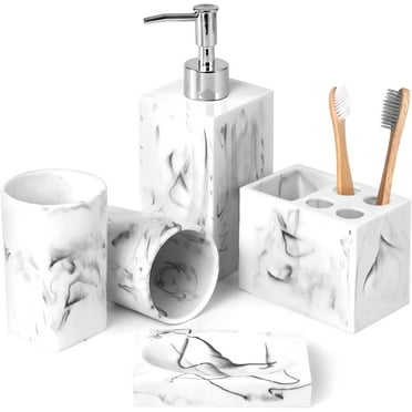 Bathroom Accessories Set, 5 Pcs Marble Look Sets Including Soap Dispenser & Toothbrush Holder for Counter Top Restroom Apartment Decor, Resin Kits, Gift for Women and Men, Ink White