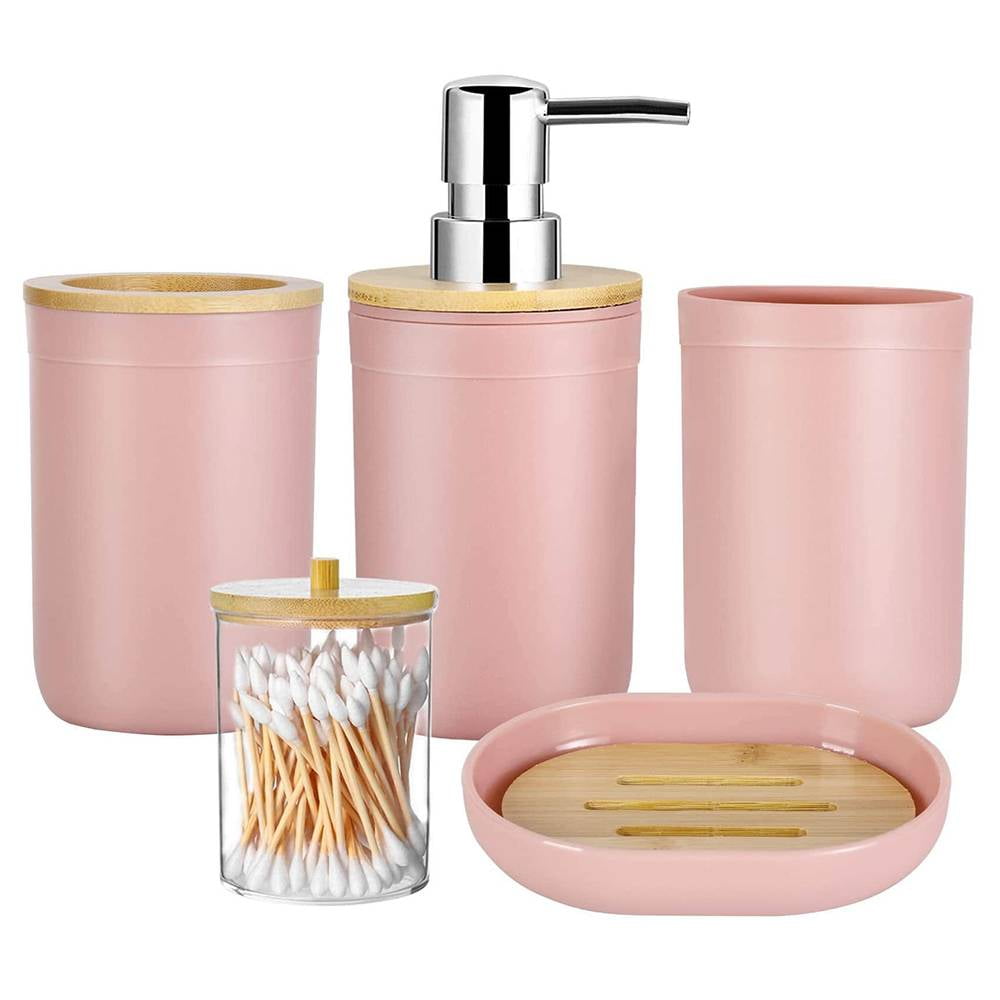 Bathroom Accessories Set 5 Piece Bamboo Cover Plastic Bathroom Decor ...