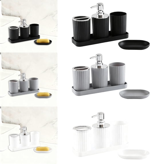 Bathroom Accessories Set 5-Piece | Modern Plastic Organizer Tray | Soap Dispenser, Toothbrush & Mouthwash Cup, Soap Box | Black, White, Gray | Durable Geometric Design | Hotel-Quality, Space-Saving