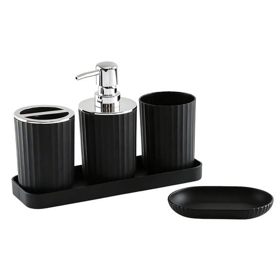 Bathroom Accessories Set 5 Piece, Plastic Soap Dispenser and Toothbrush Holder Set, Soap Dish, Mouthwash Cup and Tray, for Home Hotel Decor (Black)