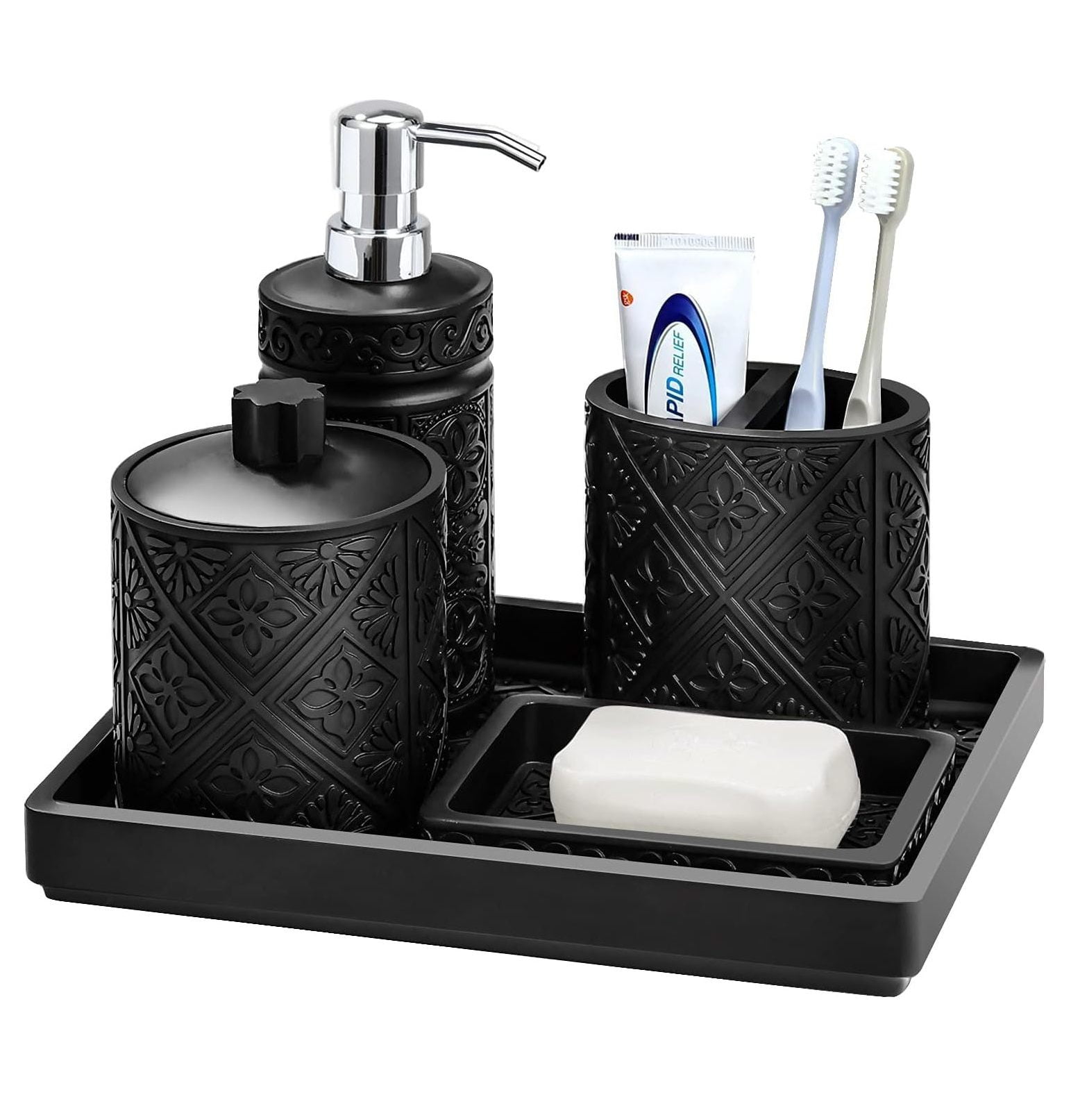 Bathroom Accessories Set, 5Piece Resin+Grit Embossed Bath Countertop
