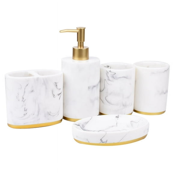Bathroom Accessories Set, 5 Pieces Bath Ensemble, Bath Set Collection Marble Pattern Soap Dispenser Pump, Toothbrush Holder, Soap Dish