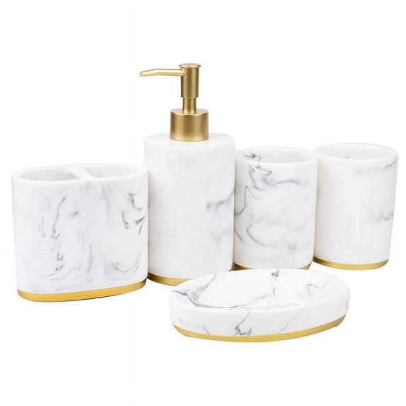 Bathroom Accessories Set, 5 Pieces Bath Ensemble, Bath Set Collection Marble Pattern Soap Dispenser Pump, Toothbrush Holder, Soap Dish
