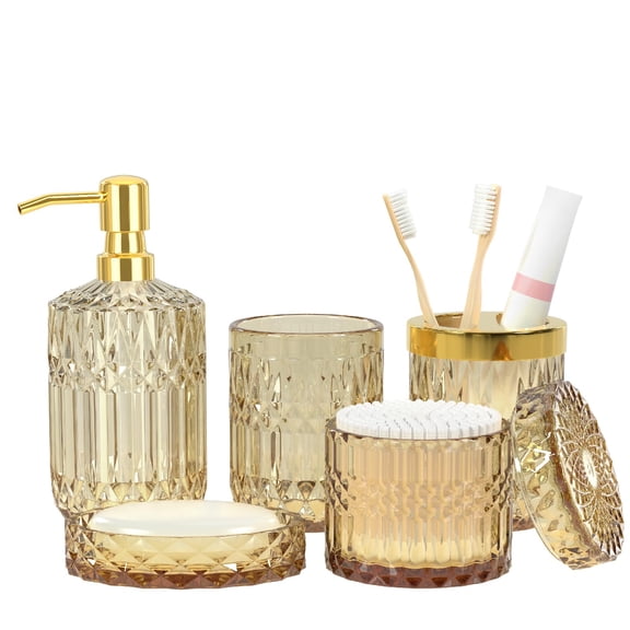 Bathroom Accessories Set - 5PCS Clear Glass Bathroom Accessory Set , Countertop Vanity Organizer Modern Decor Vintage Gift