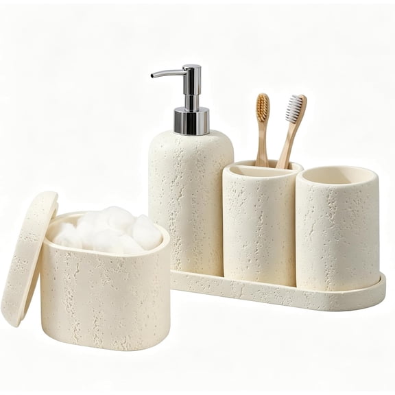 Bathroom Accessories Set, 5PCS, Travertine Stone Look, Off White