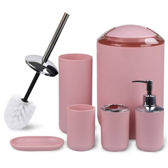 Bathroom Accessories Set 6 Pcs Bathroom Set Ensemble Complete Soap Dispenser Toothbrush Holder Tumbler Soap Dish Toilet Cleaning Brush Trash Can, Pink