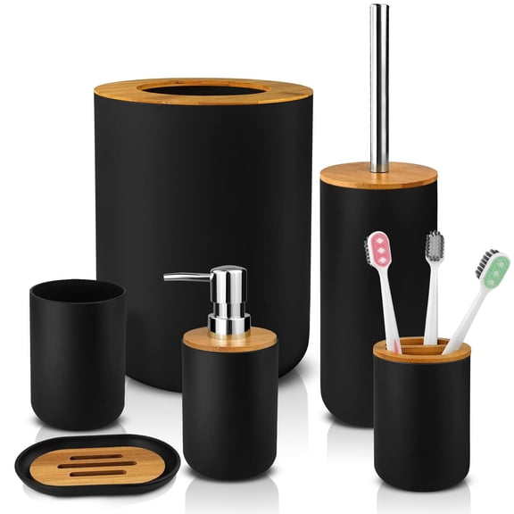 Bathroom Accessories Set 6 Pcs Bathroom Set Ensemble Complete Soap Dispenser Toothbrush Holder Tumbler Soap Dish Toilet Cleaning Brush Trash Can, Thread Black