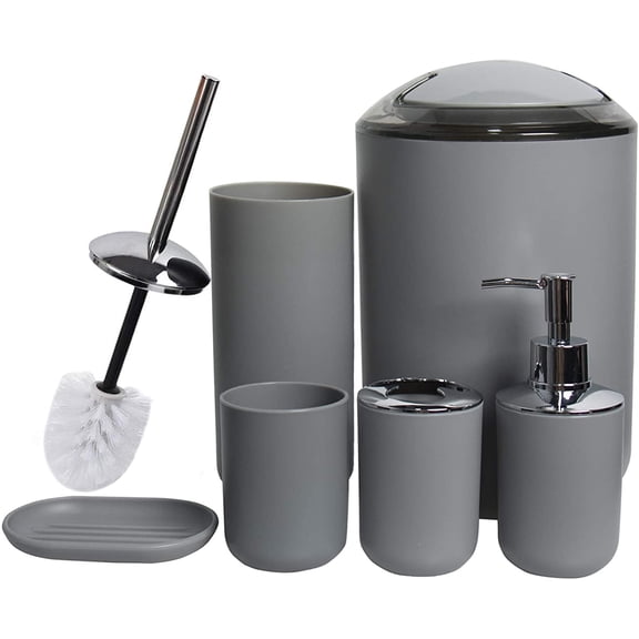 Bathroom Accessories Set 6 Piece Bath Ensemble Includes Soap Dispenser, Toothbrush Holder, Toothbrush Cup, Soap Dish for Decorative Countertop and Housewarming Gift (Light grey-6pcs)