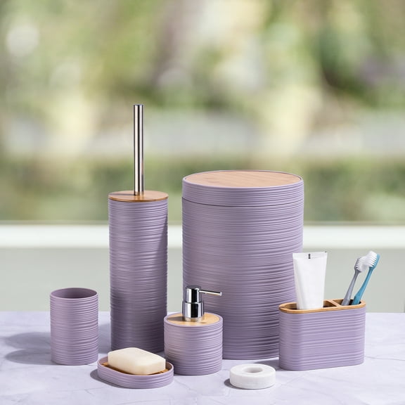Bathroom Accessories Set 6 Piece Bath Ensemble with Smooth Surface Includes Soap Dispenser, Toothbrush Holder, Toothbrush Cup, Soap Dish for Decorative Countertop and Housewarming Gift, Purple