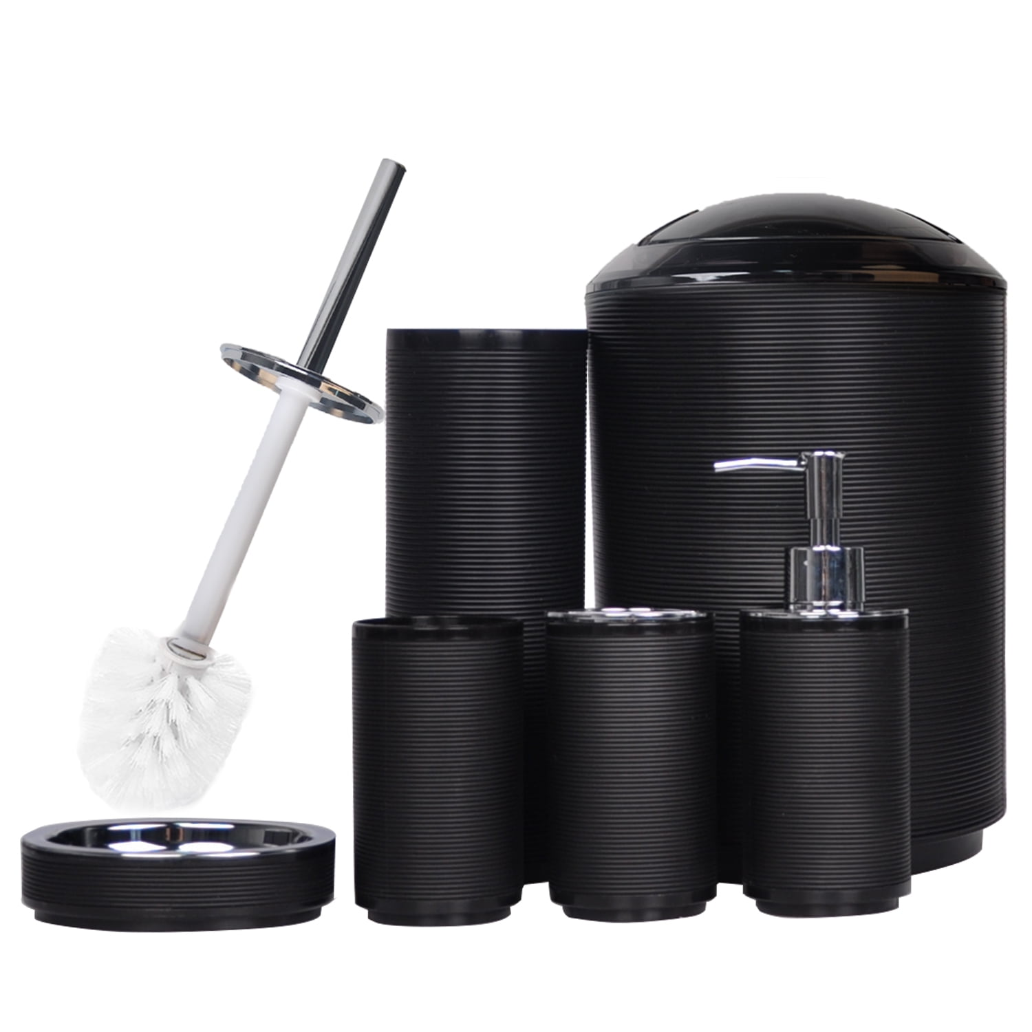 Bathroom Accessories Set 6 Piece Bath Ensemble with Smooth Surface Includes Soap Dispenser, Toothbrush Holder, Toothbrush Cup, Soap Dish for Decorative Countertop and Housewarming Gift, Black Thread
