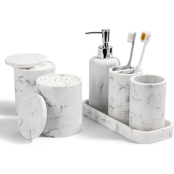 Bathroom Accessories Set, 6-Piece Bathroom Accessory Set, Toothbrush Holders Set, Soap Dispenser, Vanity Tray, Tumbler, Cotton Swab Jars, Bathroom Organizer for Modern Bathrooms (Marble White)