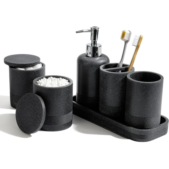Bathroom Accessories Set, 6-Piece Bathroom Accessory Set, Toothbrush Holders Set, Soap Dispenser, Vanity Tray, Tumbler, Cotton Swab Jars, Bathroom Organizer for Modern Bathrooms(Black)