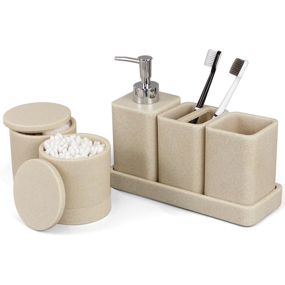 Bathroom Accessories Set, 6 Piece Bathroom Set with Toothbrush Holders, Soap Dispenser, Vanity Tray, Tumbler, Cotton Swab Jars, Bathroom Organizer,Bathroom Sink Sets, Stone Beige