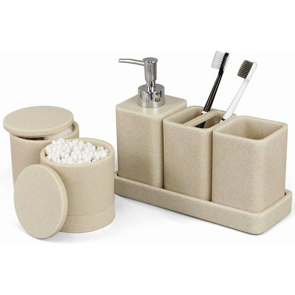 Bathroom Accessories Set, 6 Piece Bathroom Set with Toothbrush Holders, Soap Dispenser, Vanity Tray, Tumbler, Cotton Swab Jars, Bathroom Organizer，Bathroom Sink Sets, Stone Beige