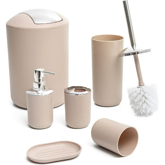 UU&T Bathroom Accessories Set, 6-Piece Plastic Bathroom Decor Sets for Small Spaces, Beige