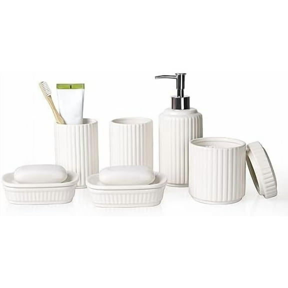 Bathroom Accessories Set 6PCS, Ceramic White Bathroom Accessory Set, Classic Design Bathroom Accessories Sets Complete, Home Apartment Modern Bathroom Decor Vanity Countertop,