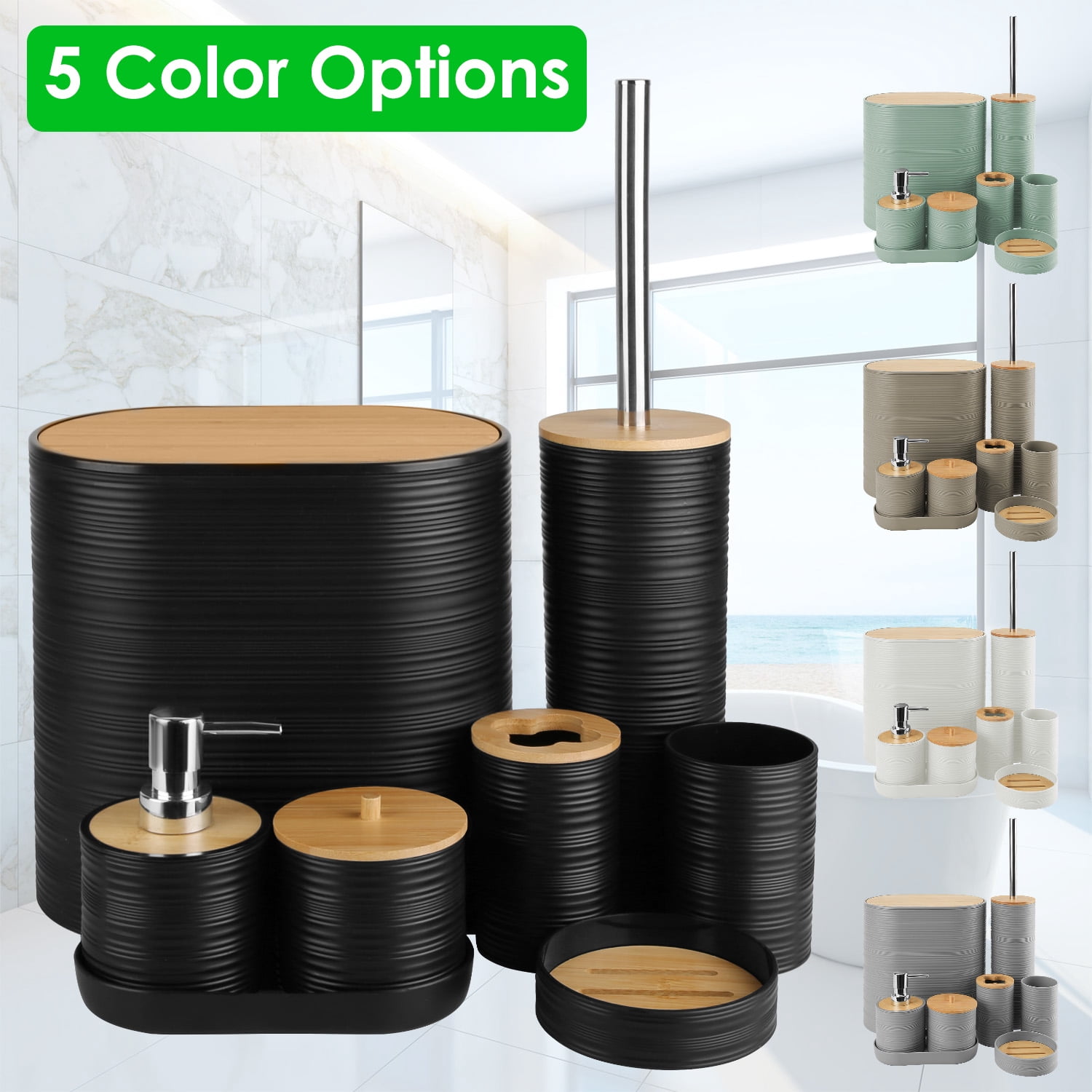Bathroom Accessories Set of 8 Pcs Soap Dispenser Toothbrush Holder Cup Soap Dish Toilet Cleaning Brush Trash Can Qtip Holder Vanity Tray for Bathroom Decor Black