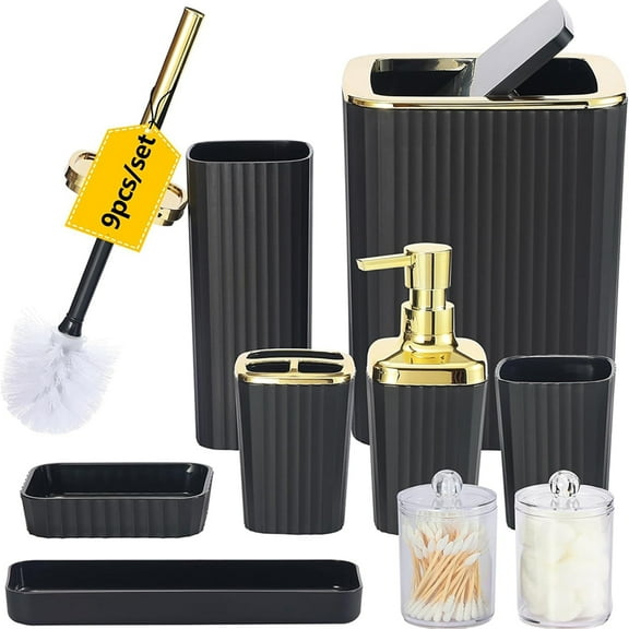 Bathroom Accessories Set,9 Piece Black Bathroom Sets Complete With Toothbrush Holder, Trash Can, Lotion Soap Dispenser, Toothbrush Cup, Vanity Tray, Soap Dish, Toilet Brush, Qtip Holder