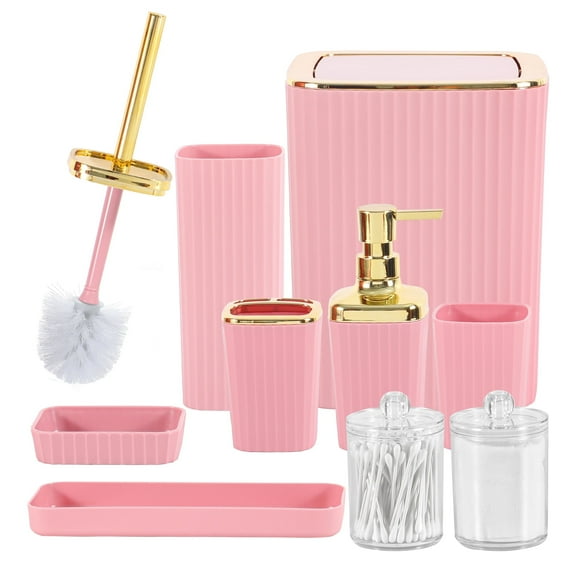 Bathroom Accessories Set,9 Piece Pink Bathroom Sets Complete With Toothbrush Holder, Trash Can, Lotion Soap Dispenser, Toothbrush Cup, Vanity Tray, Soap Dish, Toilet Brush, Qtip Holder
