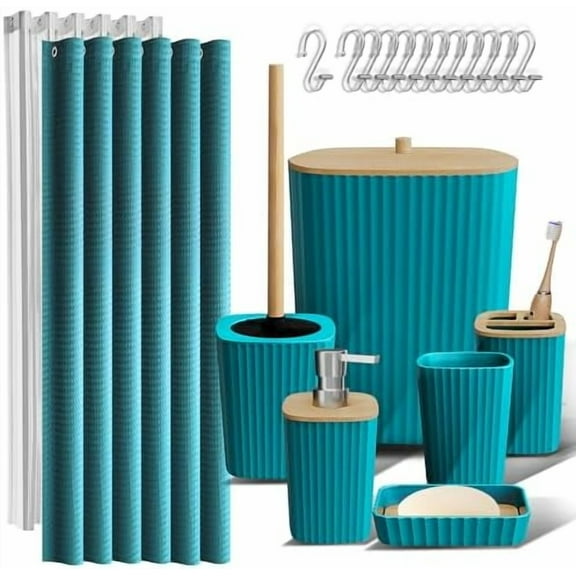 Bathroom Accessories Set - Bathroom Set, Bathroom Accessory Set, Shower Curtain Set, Toilet Brush, Trash Can & Soap Dispenser - Teal - 20PC