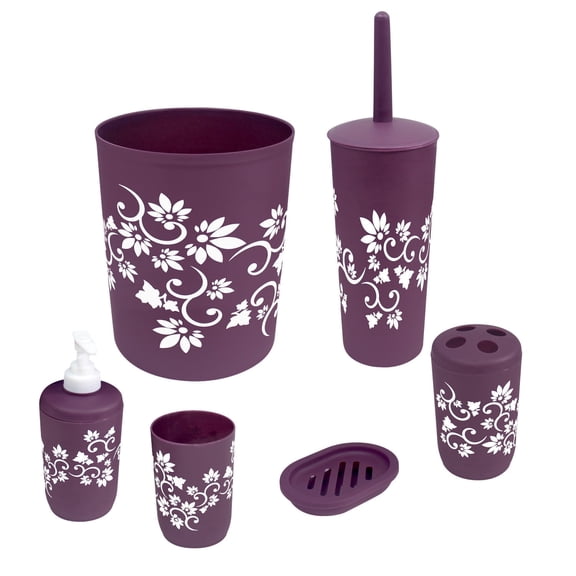 Bathroom Accessories Set Complete, Toilet Brush and Holder, Trash Can, Toothbrush Holder, Purple, 7 Pieces
