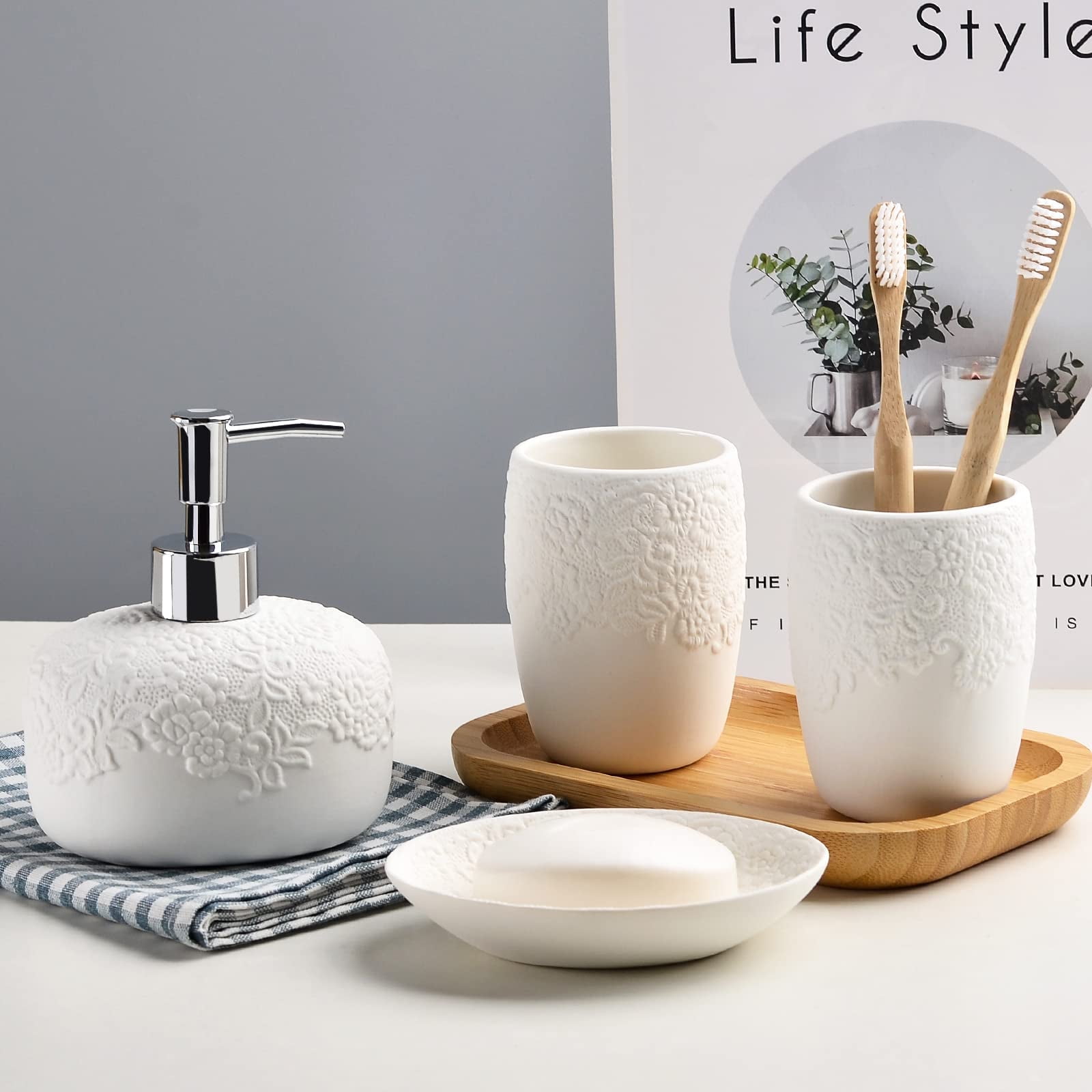 Bathroom Accessories Set with Embossed Design 4PCS, Ceramic White ...